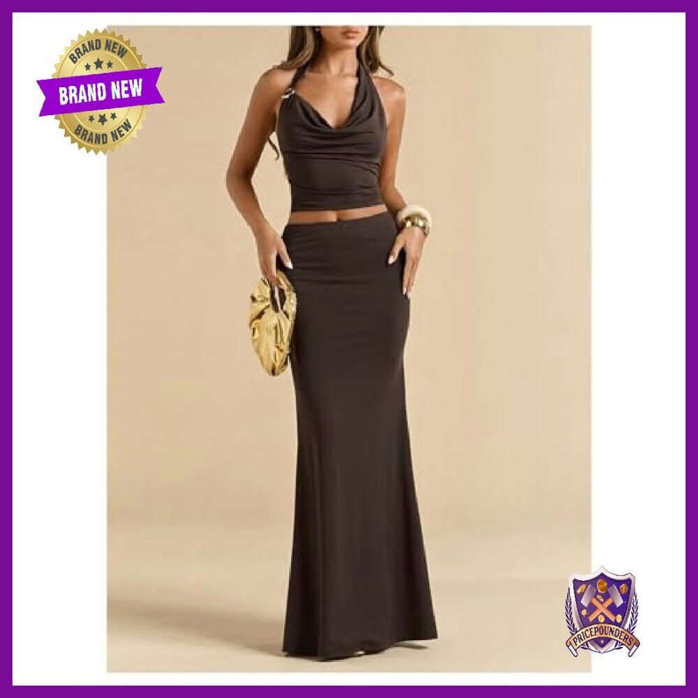 Women's Two Piece Set Halter Top Maxi Skirt Party Outfit - Picture 6 of 6